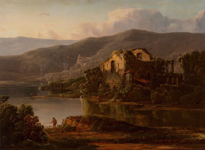 Italian Landscape with Ruins, oil painting by William Louis Sonntag, featuring crumbling ruins and rolling hills.