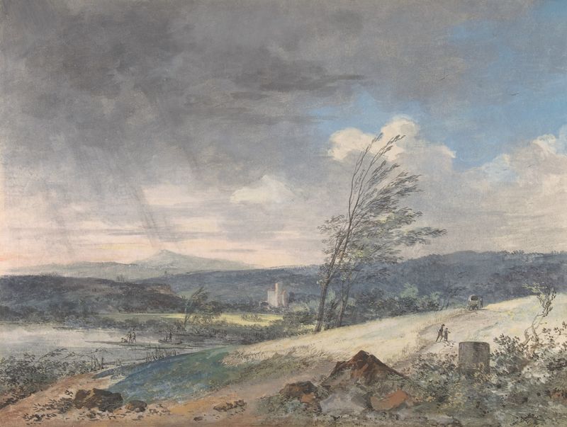 Windswept Landscape by Louis Gabriel Moreau, oil on canvas depicting turbulent skies and rolling hills.