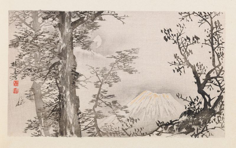 Ukiyo-e landscape by Takeuchi Seihō, depicting mountains and hills in soft colors.