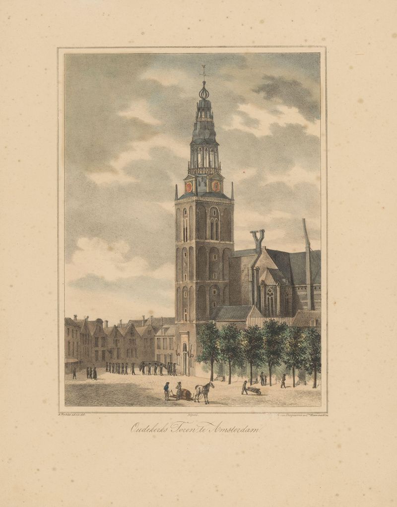 Grabado de Oudekerks Toren en Ámsterdam por Abraham Vinkeles