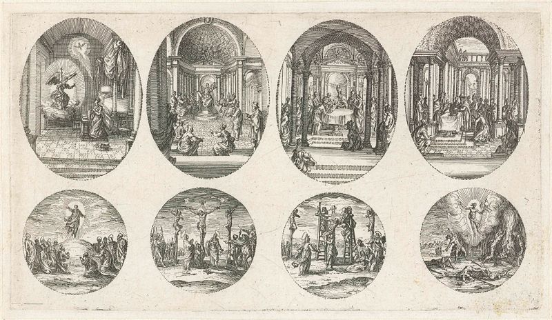 Escenas religiosas que incluyen Anunciación y Crucifixión de Jacques Callot, grabado
