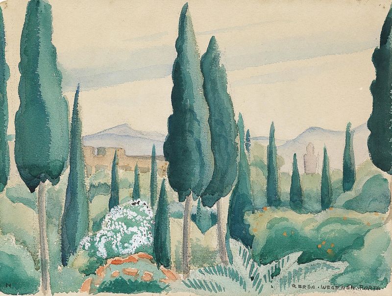 Pintura a óleo de Gerda Wegener com pinheiros em uma paisagem marroquina.