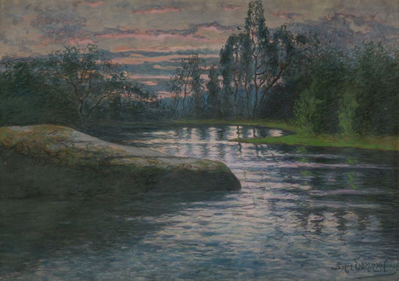 Paisagem de Sam Ödmann, pintura a óleo mostrando colinas e árvores