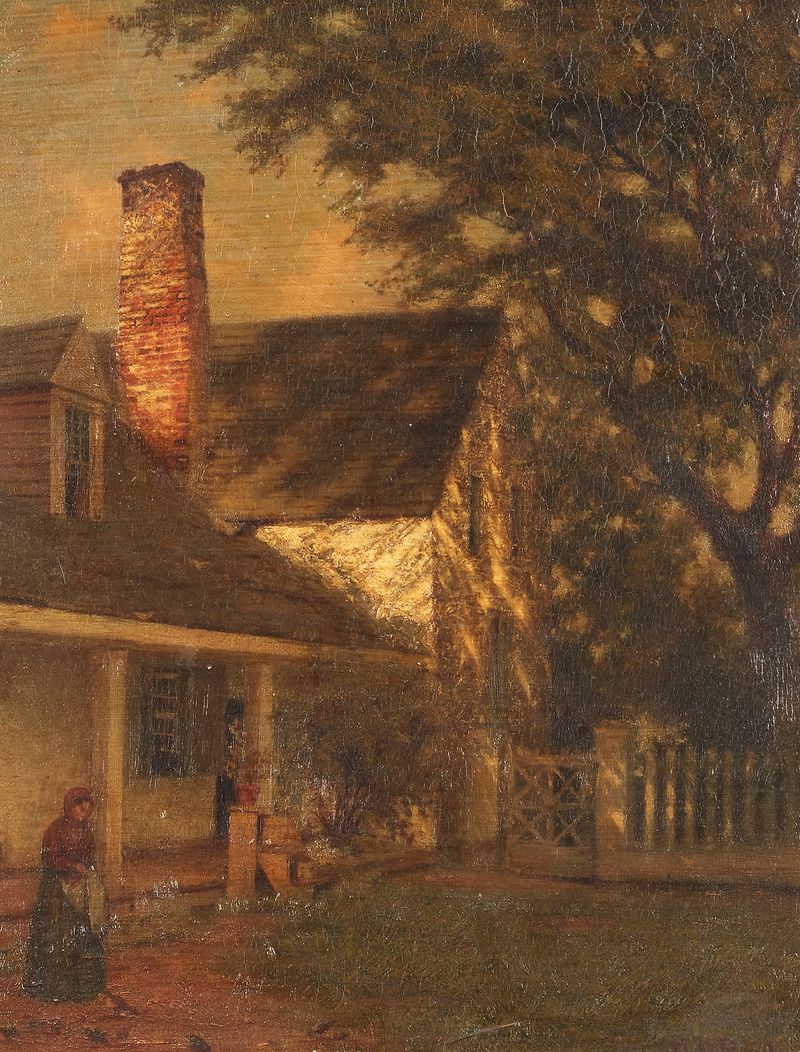Escena figurativa de una mujer en un vestido alimentando pájaros, pintura al óleo de Platt Powell Ryder