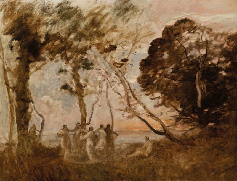 La Danse des nymphes, óleo sobre lienzo de Jean-Baptiste-Camille Corot mostrando ninfas bailando en un bosque.