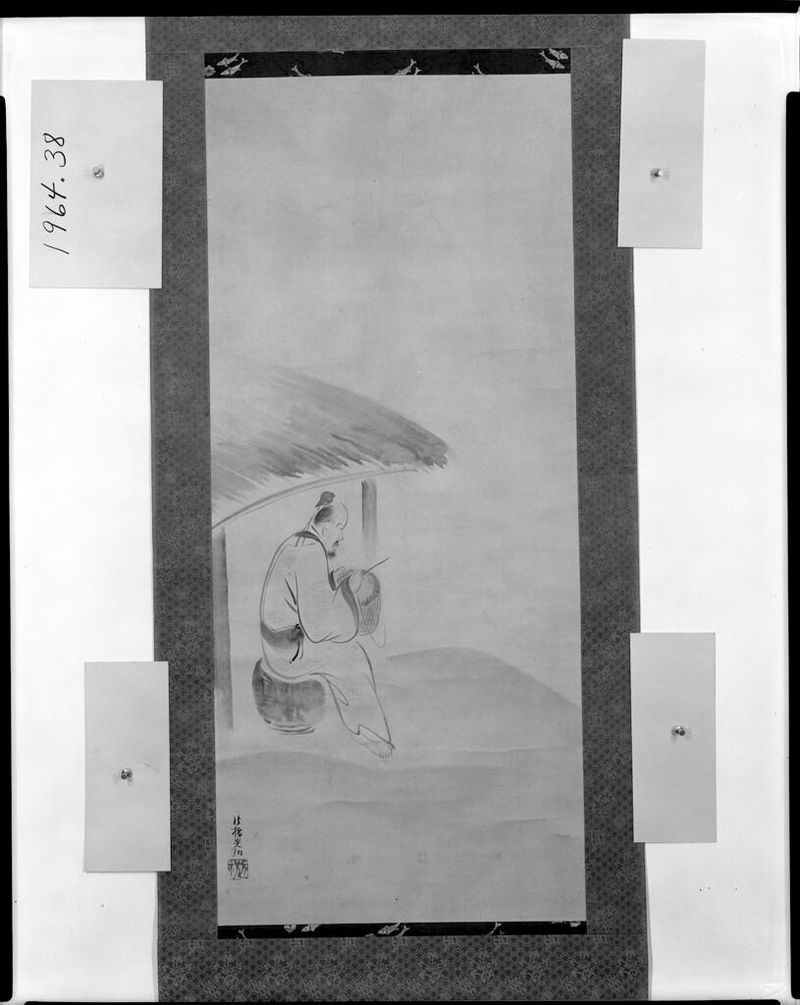 Seated man weaving a basket in a thatched hut, paper by Ogata Kōrin