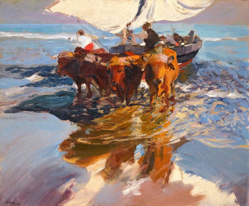Vuelta De La Pesca, oil on canvas by Joaquín Sorolla depicting fishermen at Valencia Beach