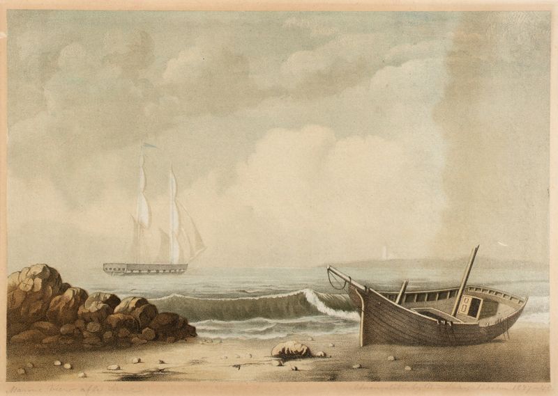 Vista marina de William Sharp, 1847-1848, que muestra aguas azules y costa rocosa