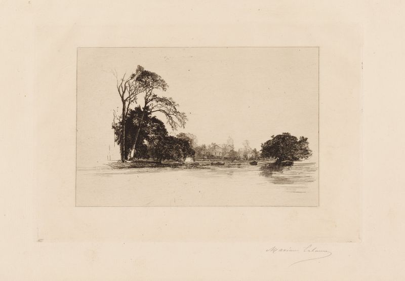 Engraving of the Thames riverbank with light reflections by Maxime Lalanne