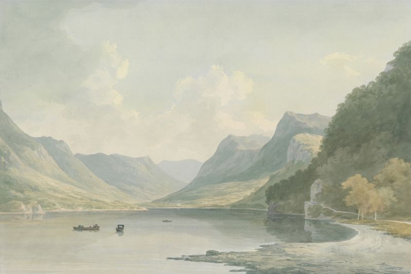 Ullswater landscape with hills and lake by John Warwick Smith, oil painting