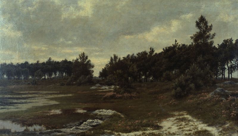 Heath Landscape in the Kempen by Alfred Elsen, oil on canvas depicting a horizon with muted greens and a golden sky.