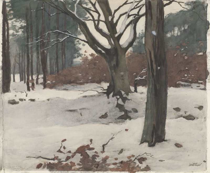 Bomen in de sneeuw de Willem Witsen, pintura a óleo que retrata árvores escuras em uma paisagem nevada.