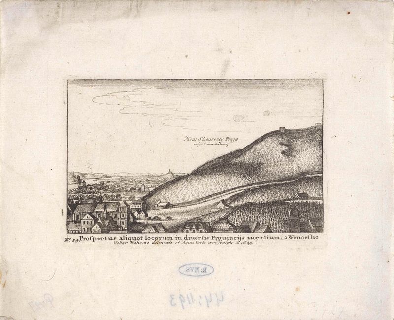 Grabado de Wenceslaus Hollar que representa la colina Petrin en Praga