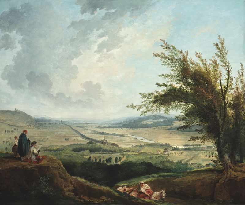 Paisagem com colinas onduladas por Hubert Robert, pintura a óleo