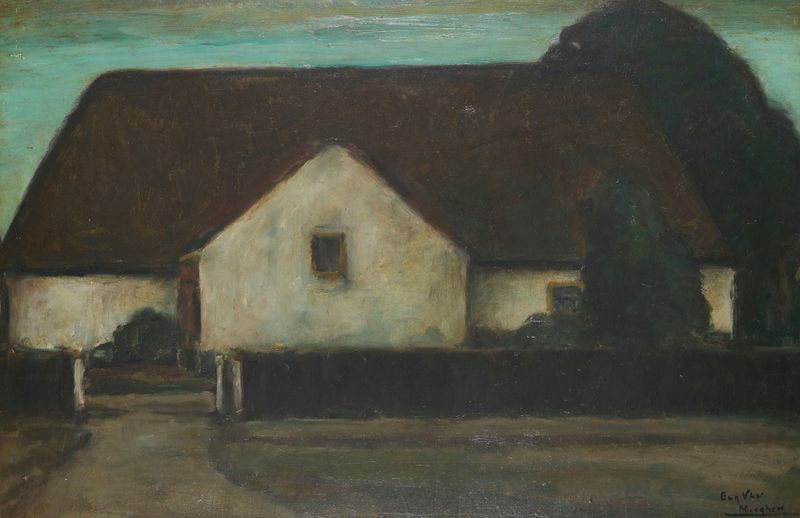 Homestead de Eugeen Van Mieghem, realismo, retratando uma casa desgastada em uma paisagem serena.