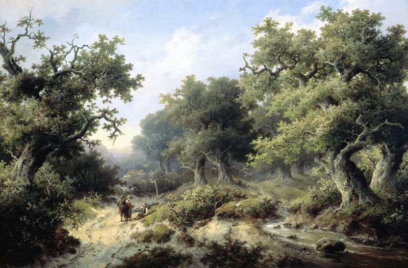 Paisagem com viajantes em um caminho, pintura a óleo de Jacob Cremer