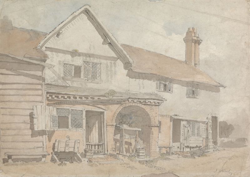 Farm House with a Well de John Varley, pintura a óleo que retrata uma casa de campo e um poço em uma paisagem tranquila.