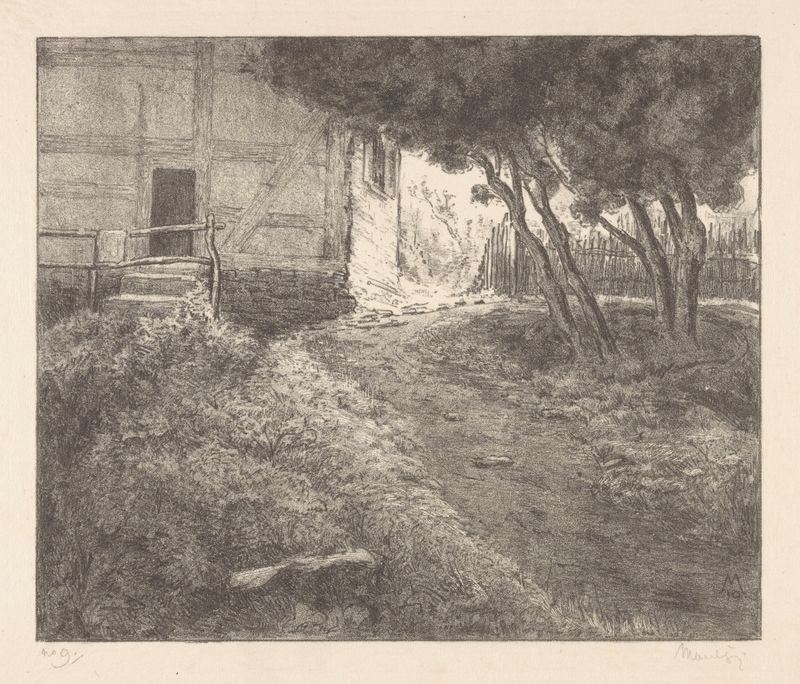 Tuin bij vakwerkhuis de Simon Moulijn, óleo sobre lienzo que representa un jardín con una casa rústica