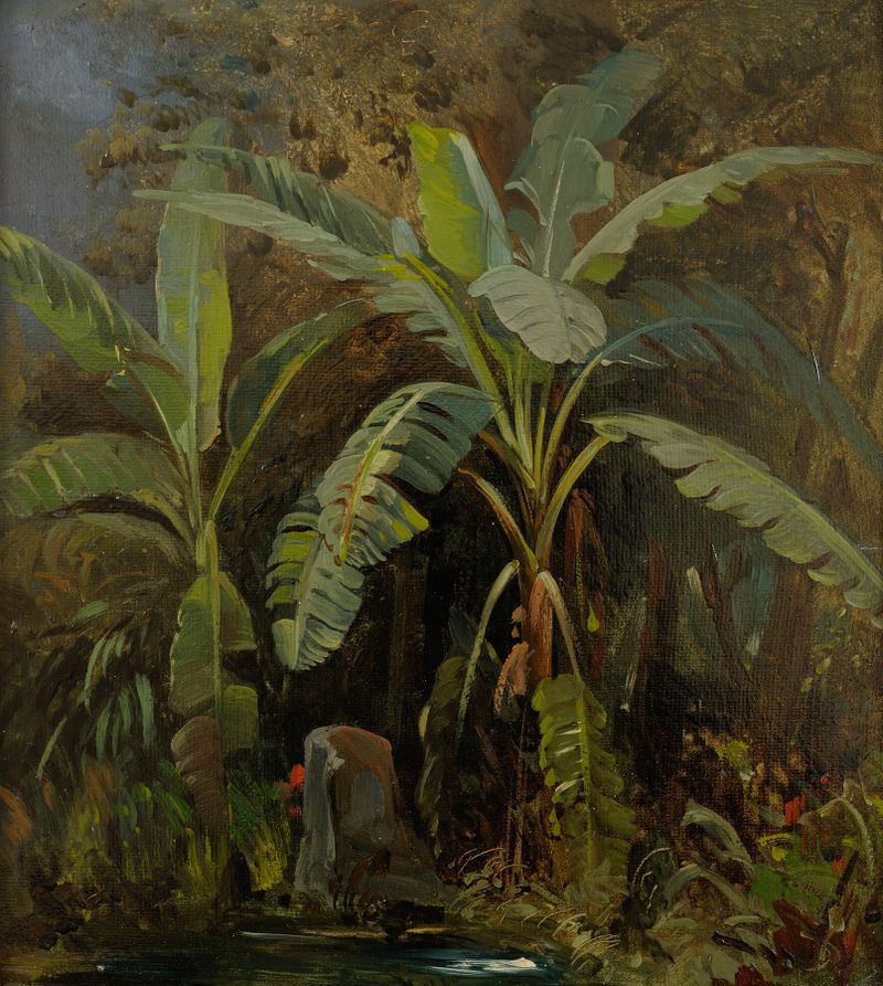 Vegetation in Italy by Julie Wilhelmine Hagen-Schwarz, oil painting depicting lush greenery and dappled sunlight.