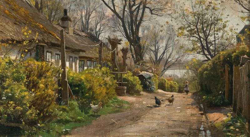 A Summer Day de Peder Mørk Mønsted, óleo sobre tela mostrando a luz filtrando através das árvores.