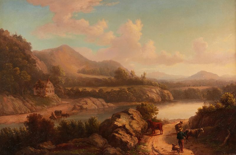 Landscape in New York State de William J. Satt, óleo que representa un horizonte al atardecer.