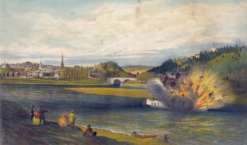 Historical scene of the explosion of the Alfred Thomas by James Fuller Queen, oil painting