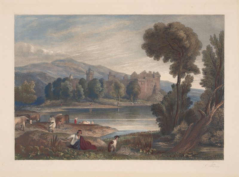Lakeside Castle by Louis Marvy, oil painting depicting a castle at twilight reflecting on water