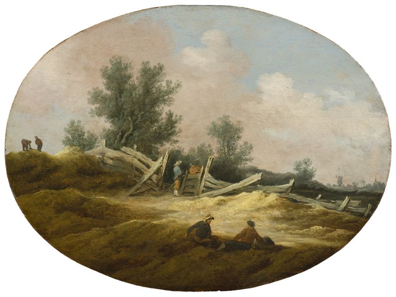 Paisagem com uma cerca de madeira e figuras, óleo sobre tela de Salomon van Ruysdael