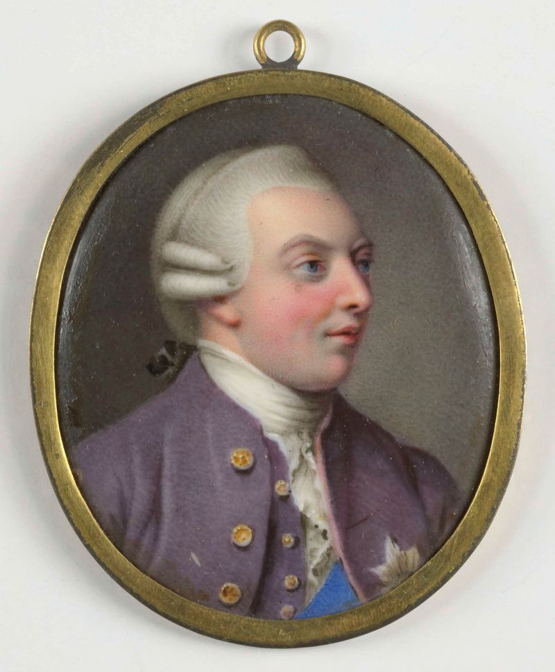 Retrato de George III por Johann Heinrich von Hurter, medio metal, representando al rey en túnicas azules y doradas.