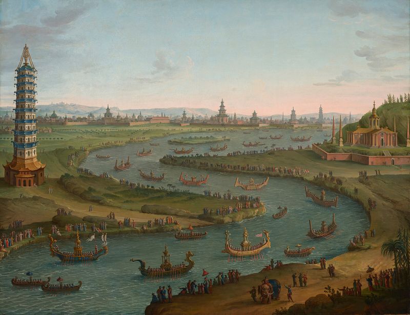 A capriccio with the French Ambassador approaching the King of Siam’s Palace in a state barge, in October 1685, n.d., by Antonio Joli, oil on canvas, public domain