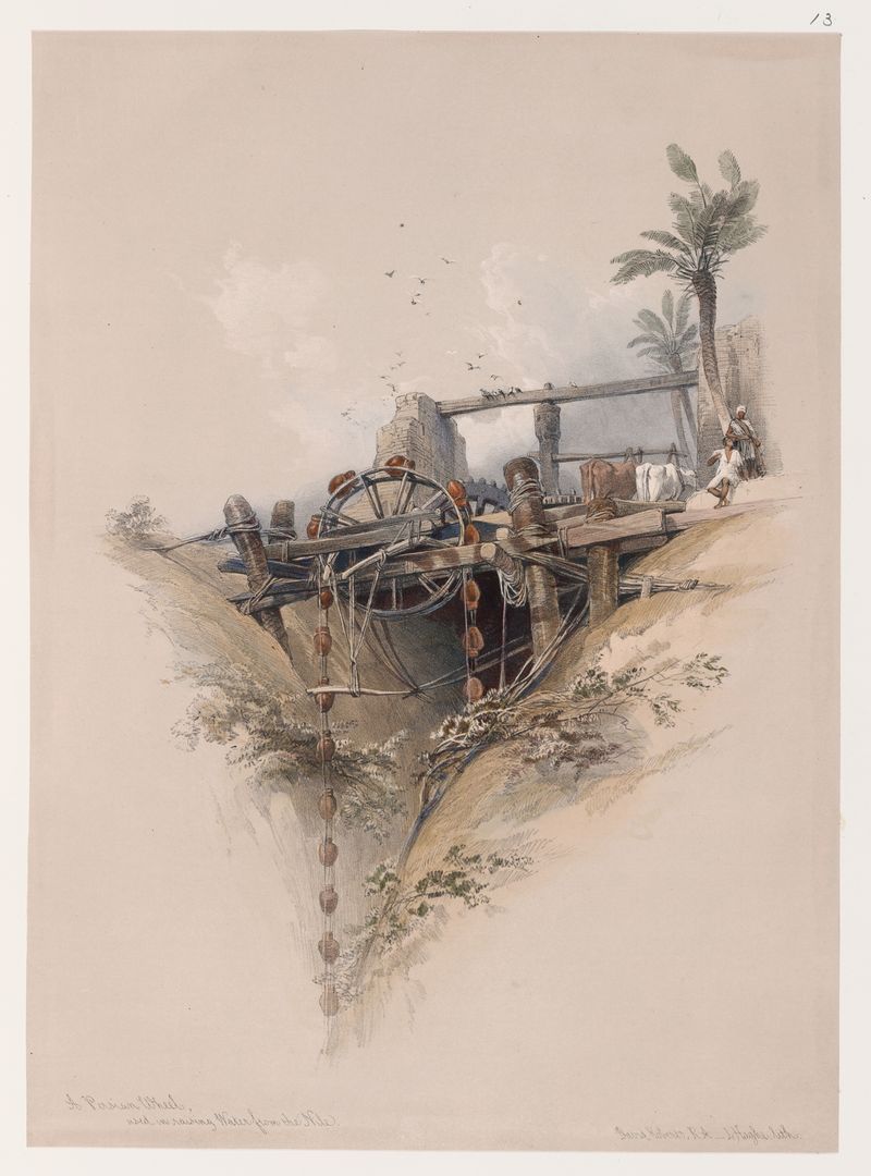 Uma roda persa elevando água do Nilo, óleo sobre tela de David Roberts