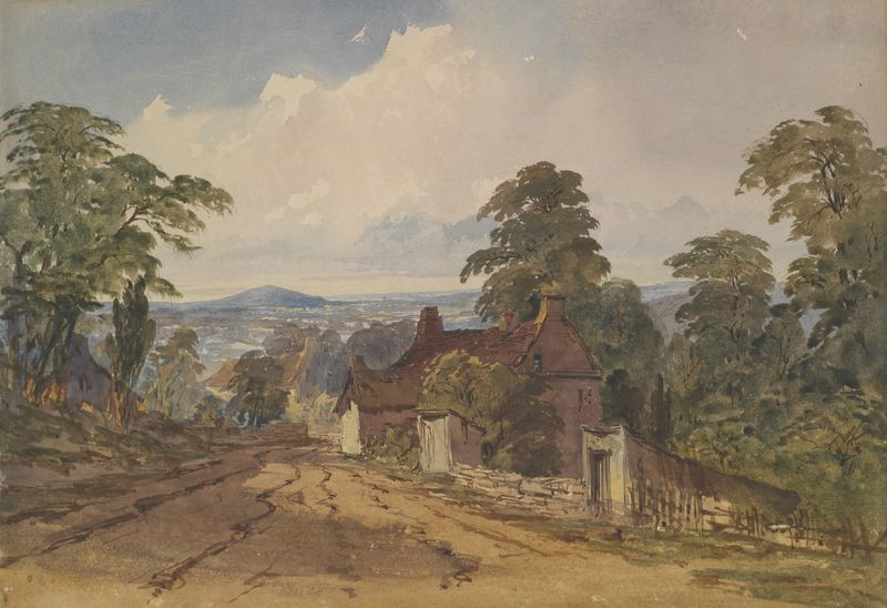 Pintura a óleo de paisagem de William Hardwick mostrando luz e sombra sobre um vale