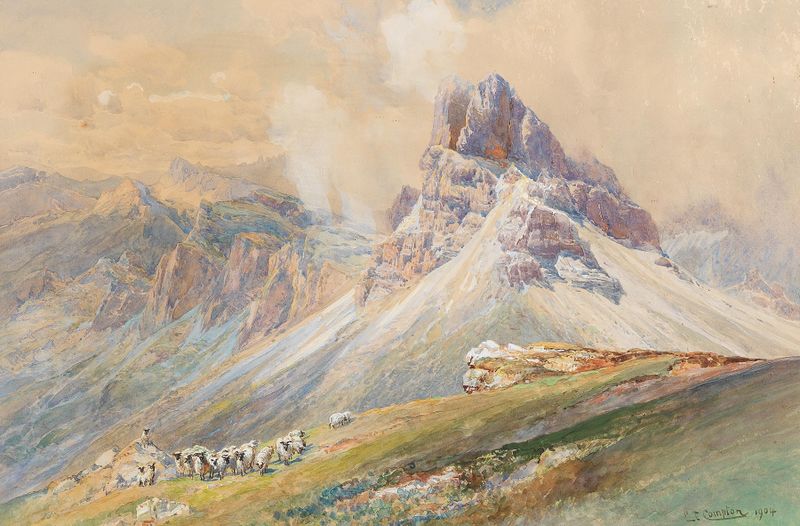 Landscape of mountains and swirling clouds in oil on canvas by Edward Theodore Compton