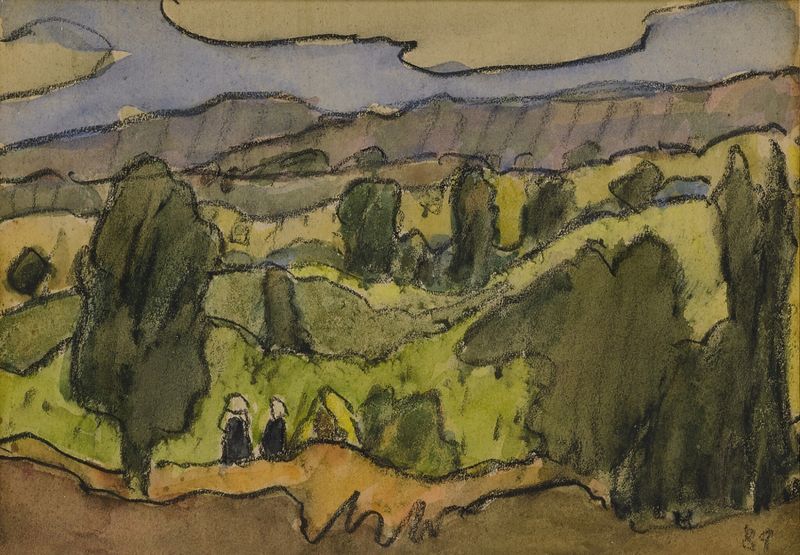 Paisagem com árvores e horizonte, pintura a óleo de Emile Bernard