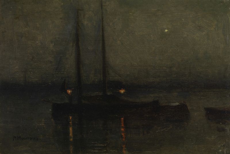 Paisagem noturna com barcos no Reno, óleo sobre tela de Piet Meiners