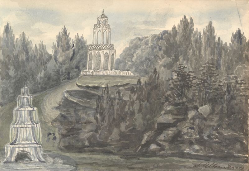 Paisagem com figuras em um jardim, pintura a óleo de Anne Rushout