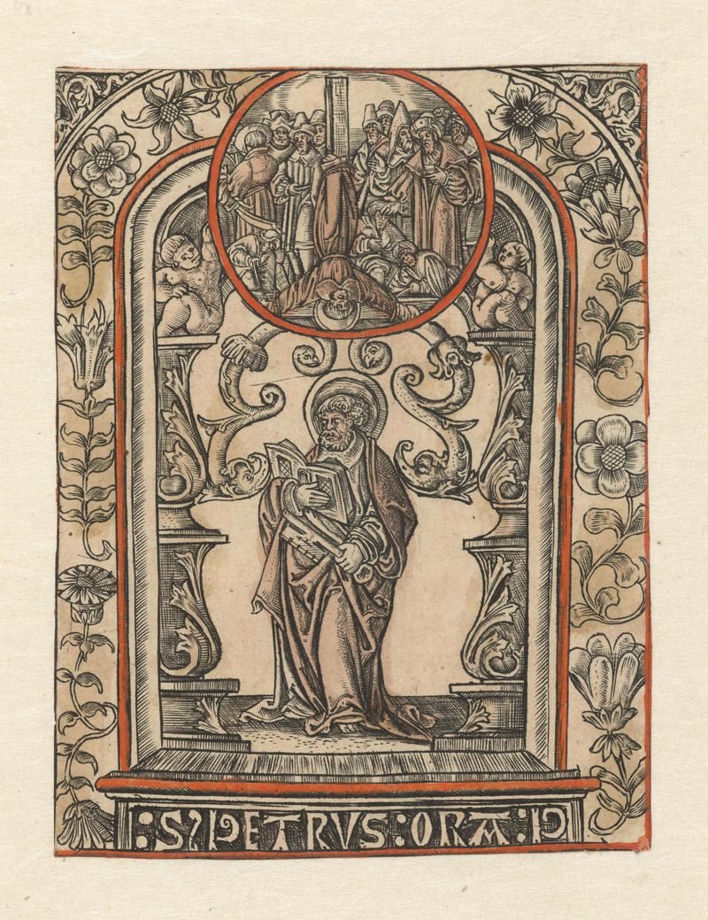 Engraving by Allaert Claesz depicting the apostle Peter with themes of martyrdom