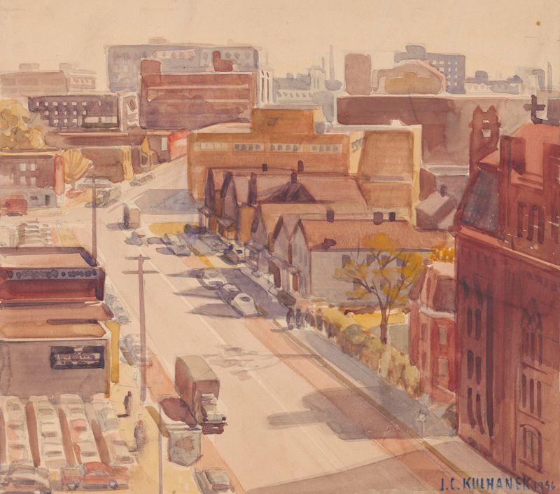 Urban life on E18th Street, oil on canvas by James C. Kulhanek
