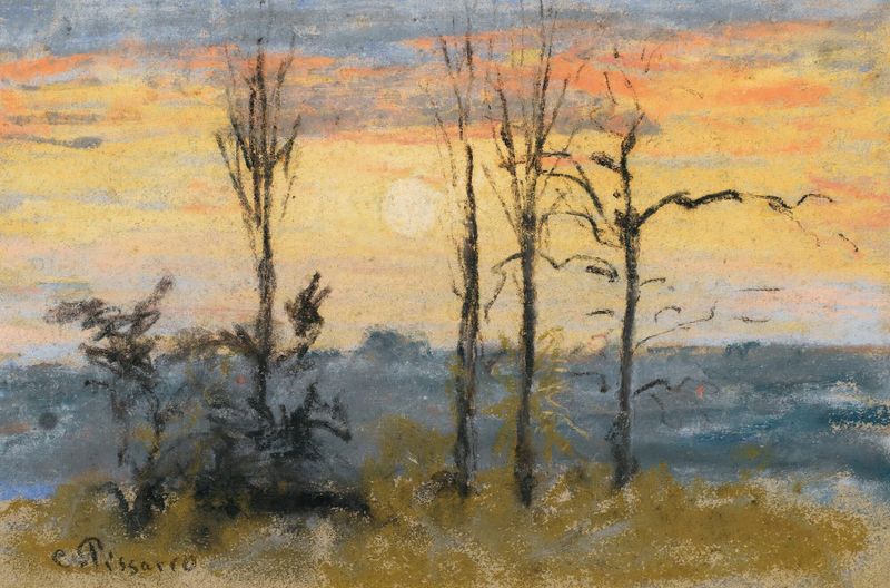 Coucher De Soleil de Camille Pissarro, pintura al óleo que muestra un vibrante atardecer sobre un paisaje.