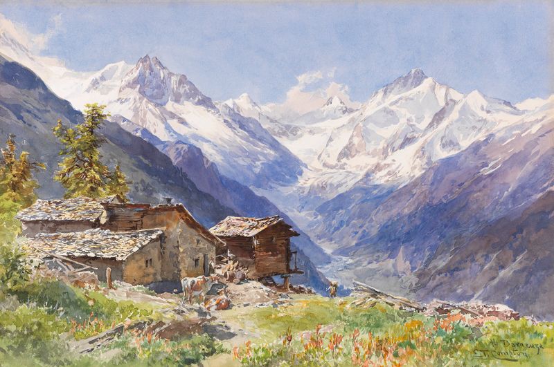 Landscape oil painting by Edward Theodore Compton featuring mountains and a valley.