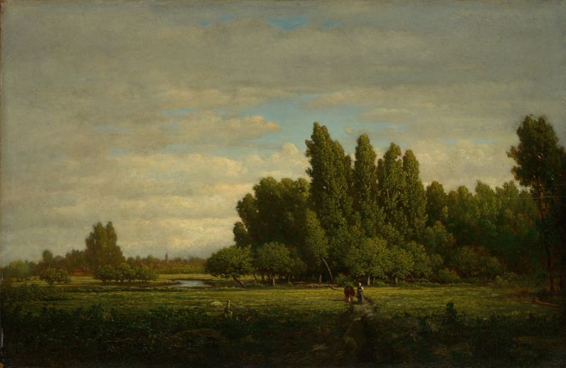 Landscape featuring a meadow bordered by trees, oil painting by Théodore Rousseau