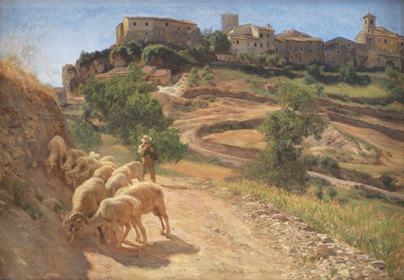 Escena de un niño pastor con ovejas en un paisaje de Joakim Skovgaard, pintura al óleo