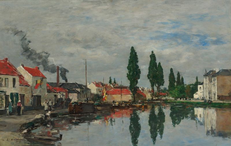 Paisagem que retrata um canal com reflexos, de Eugène Boudin, pintura a óleo