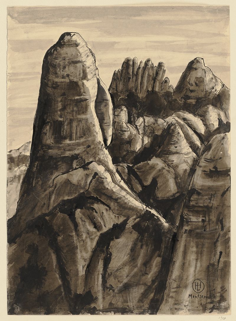 Paisaje que representa picos escarpados y un cielo azul de Hermann Lismann