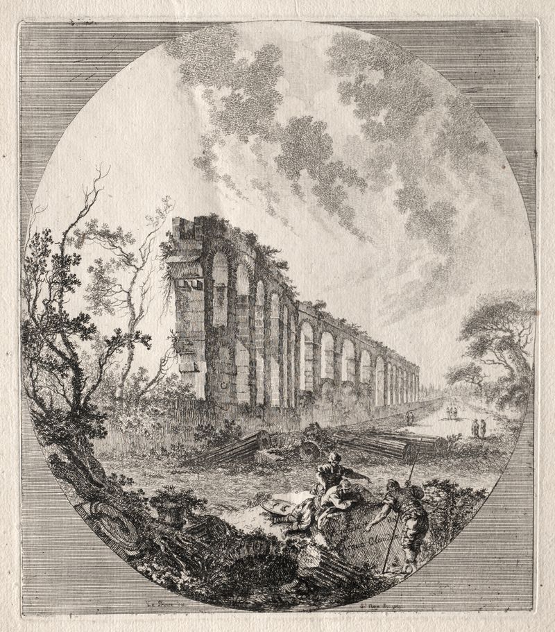 Ancient Aqueduct engraving by Jean-Claude-Richard de Saint-Non featuring monumental arches.