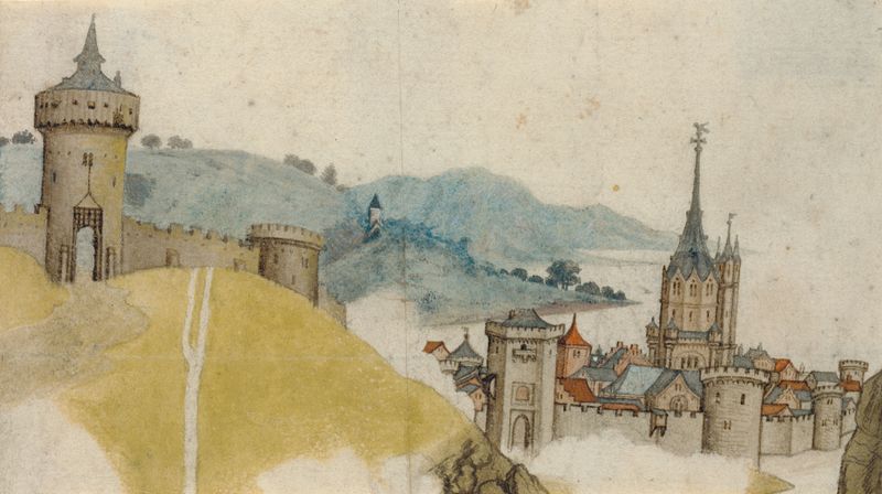 Ciudad amurallada en un paisaje fluvial, óleo sobre lienzo de Workshop of Master LCz