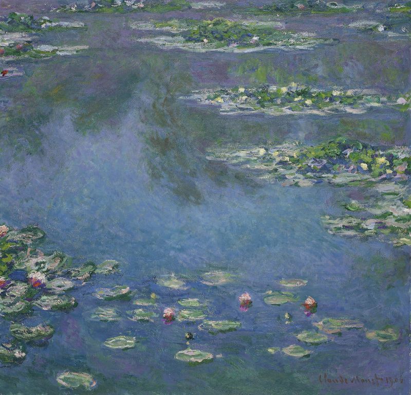 Water Lilies by Claude Monet, oil on canvas, featuring vibrant colors and reflections on water.