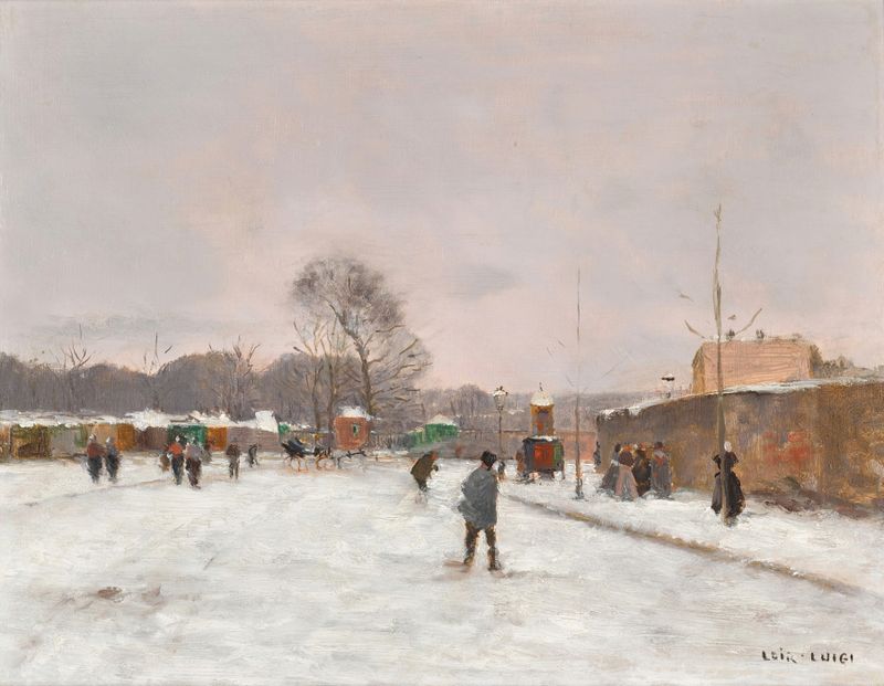Snowy landscape with trees in La Première neige d’hiver by Luigi Loir, oil on canvas