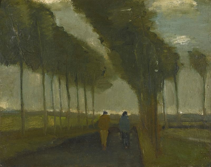 L’allée Aux Deux Promeneurs de Vincent van Gogh, óleo sobre lienzo, muestra dos figuras caminando por un sendero con árboles.