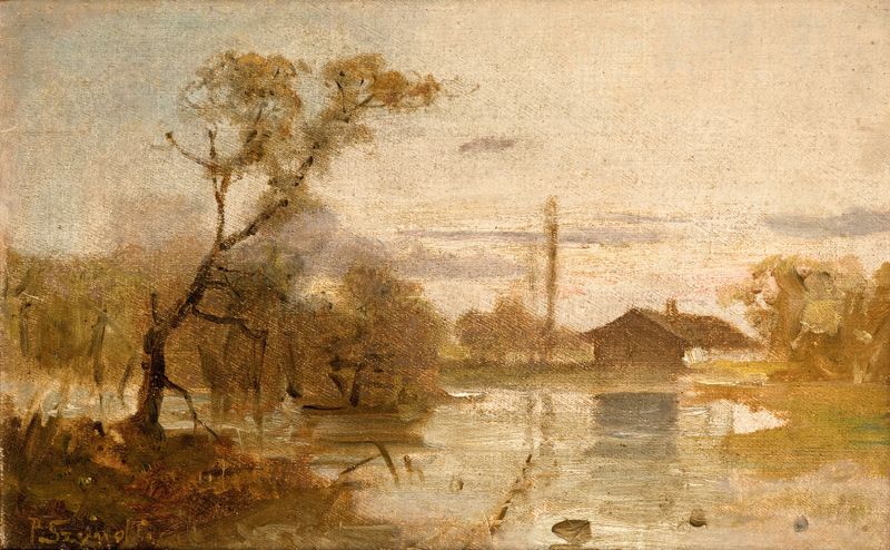 Paisaje de Pantaleon Szyndler, que representa un campo sereno con tonos terrosos y un cielo en degradado, medio desconocido.